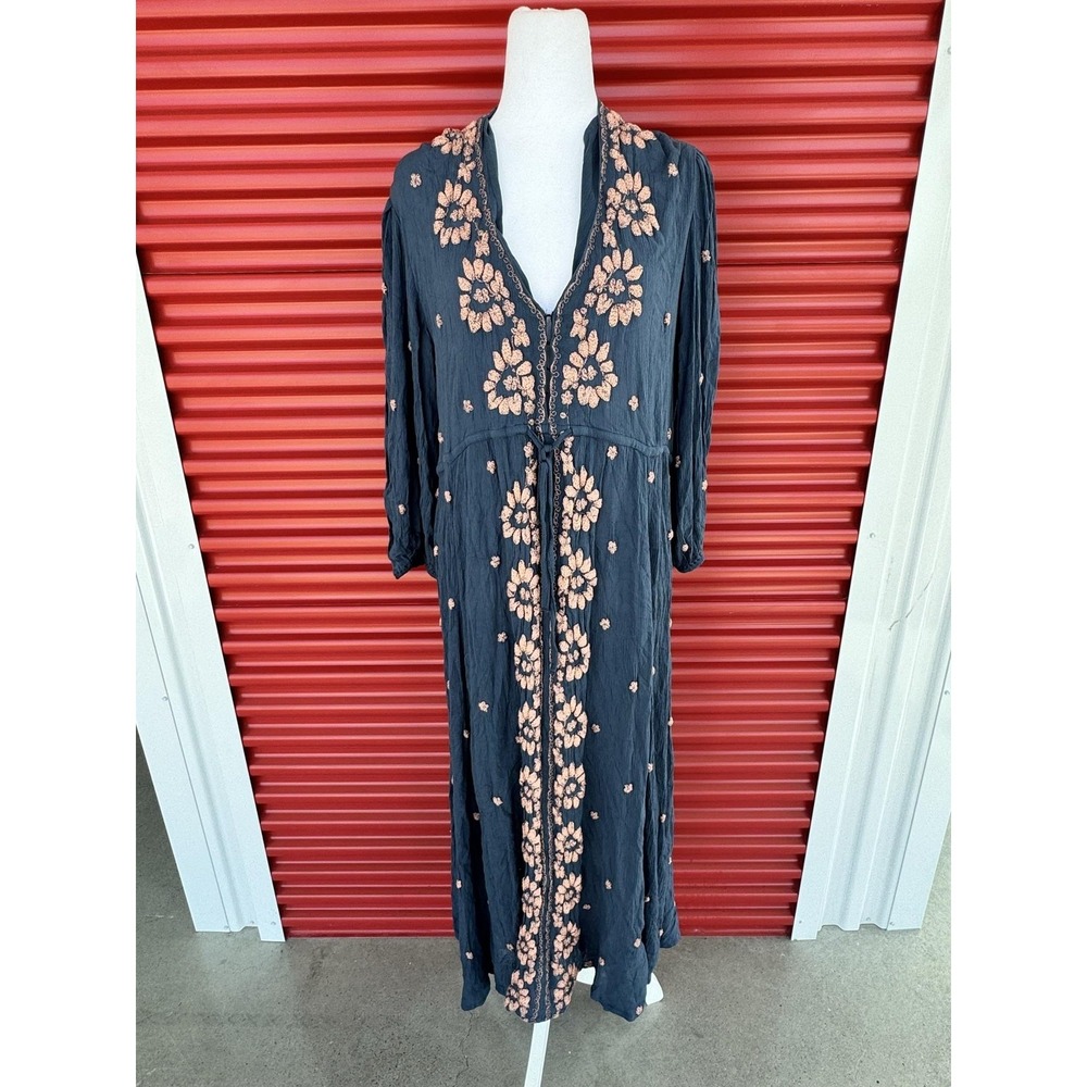 Free People Fable Dress Womens L Blue Embroidered Floral V Neck Midi Boho L